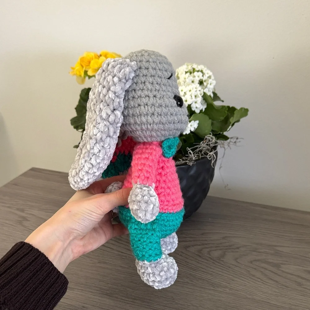 Gray Plush Bunny Toy with Pink & Teal Outfit for Small Pets